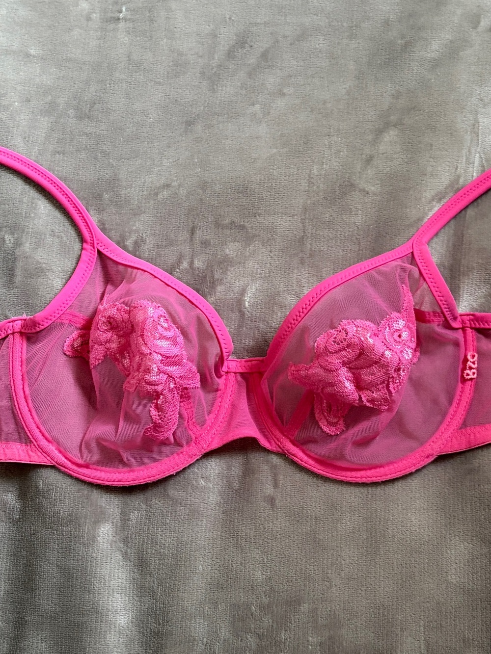 Hot Pink Sheer Mesh Lace Underwire Bra 34D D75 Embroidered